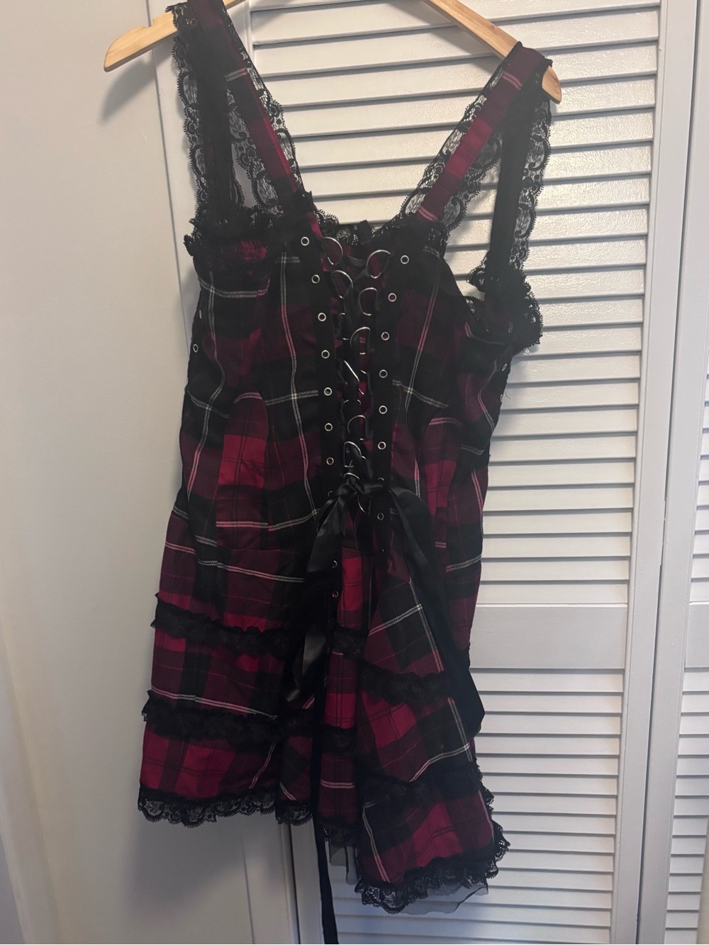 Hell bunny Lace-Trim Plaid Chemise Dress Burgundy/Black